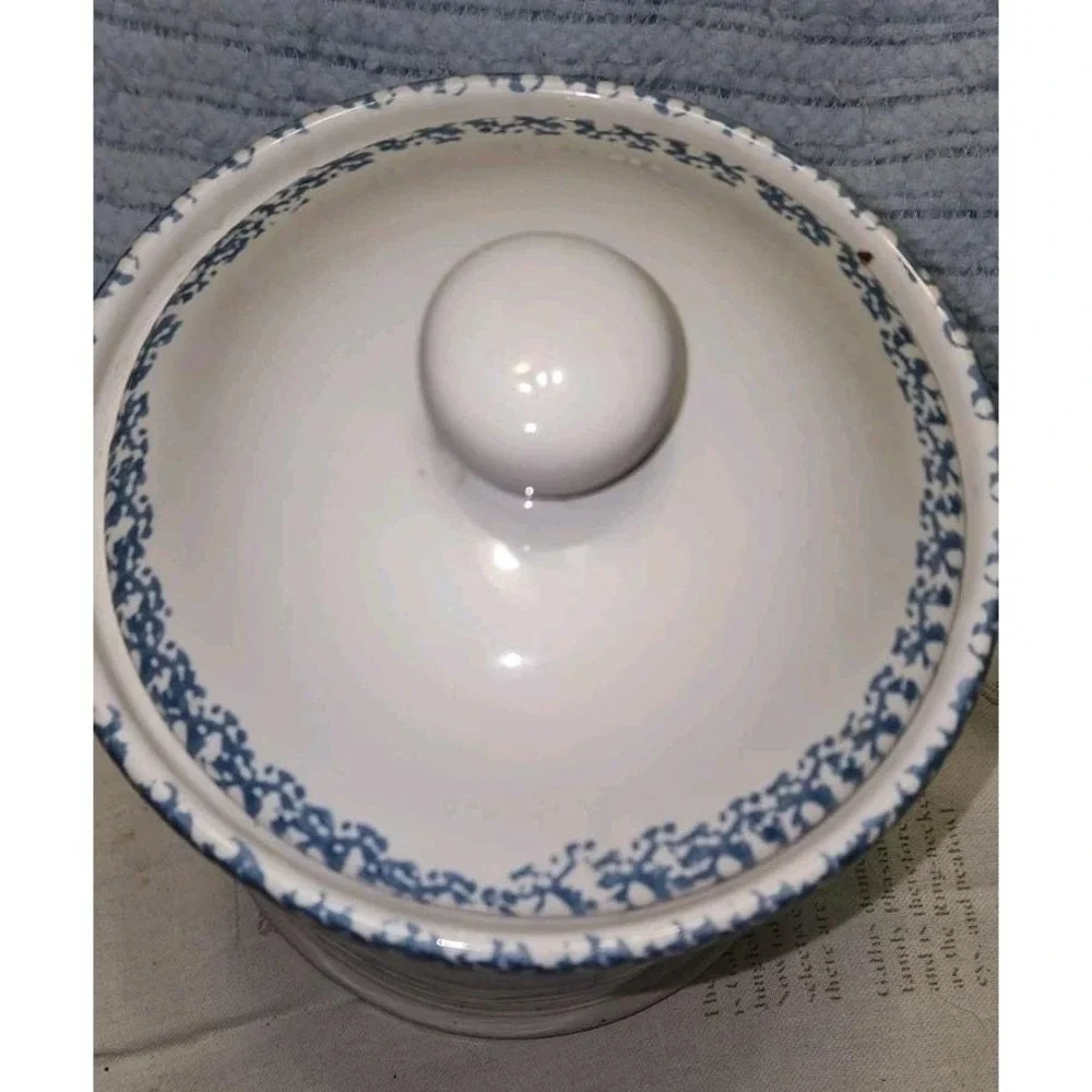 Vintage Blue Heart Spongeware 9 inch Canister Farmhouse House Lloyd Cottagecore